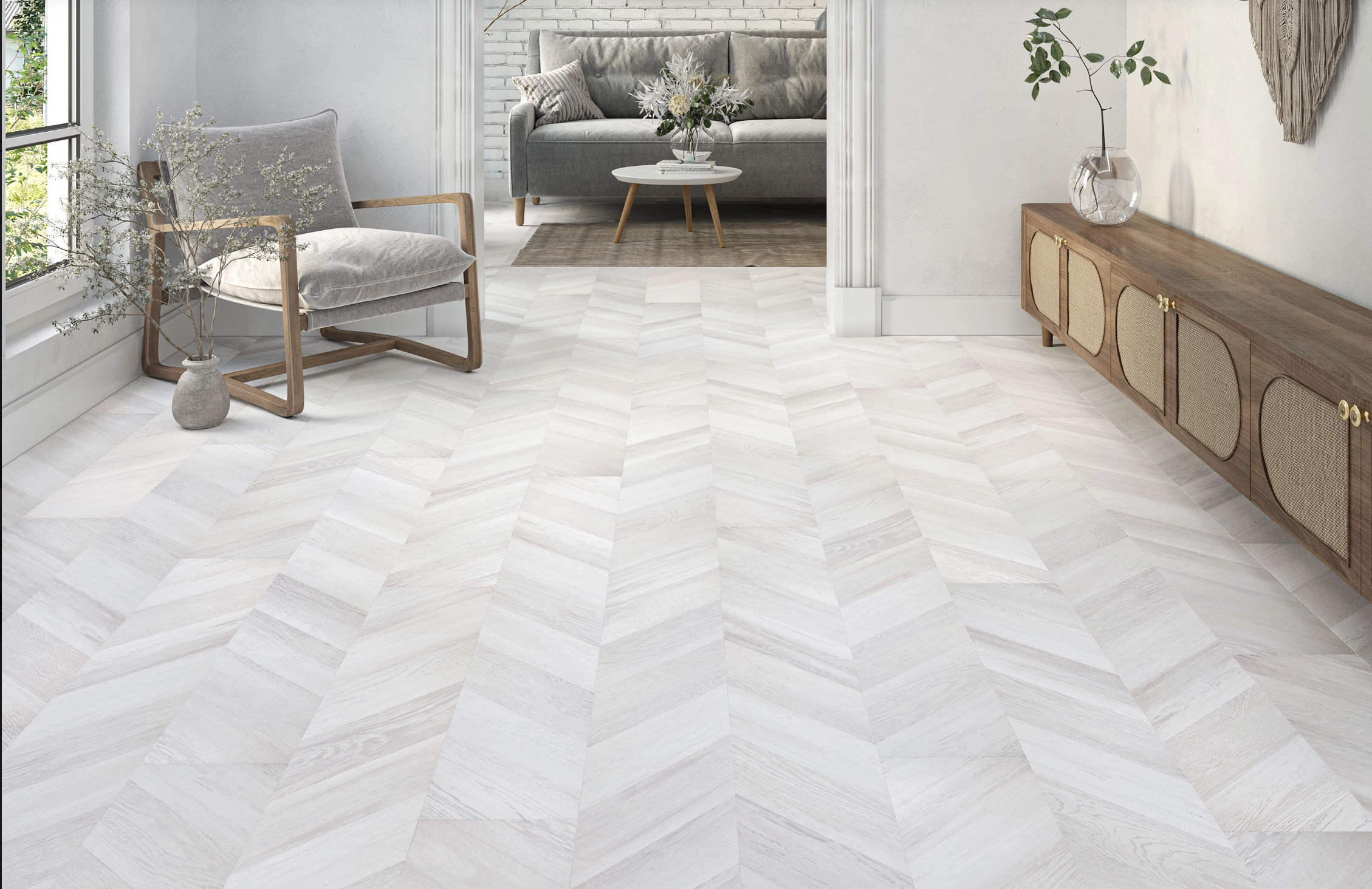 White Grey Oak 8mm Chevron Laminate Floor | 1.8m² Pack Coverage