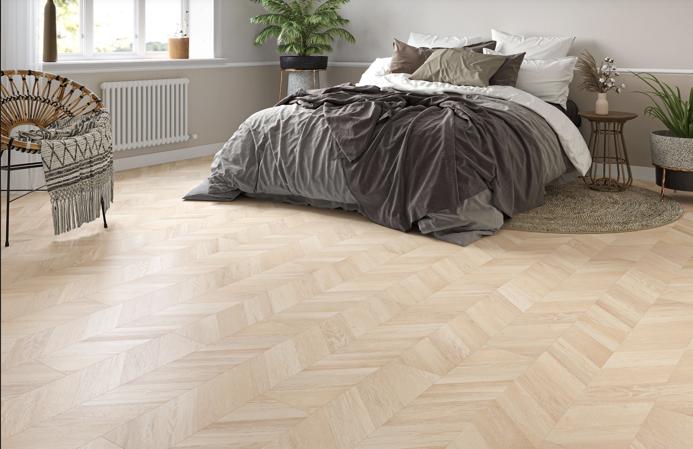Light Brown Oak 8mm Chevron Laminate Floor | 1.8m² Pack Coverage