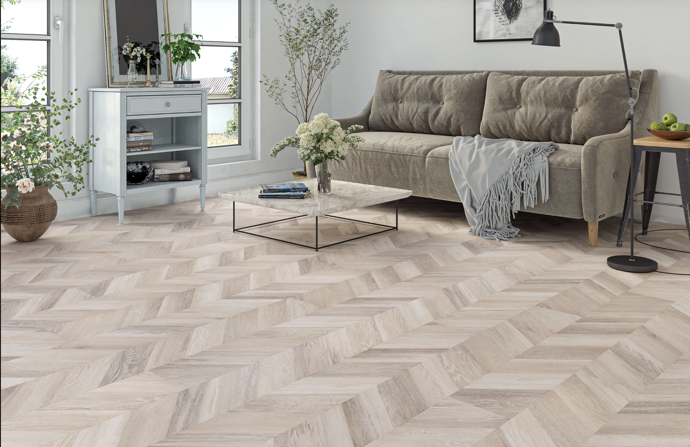 Beige & Brown Oak 8mm Chevron Laminate Floor | 1.8m² Pack Coverage